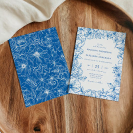 Simple Elegant Royal Blue Floral Garden Wedding 招待状