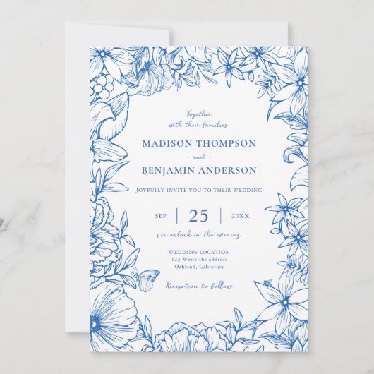 Simple Elegant Royal Blue Floral Garden Wedding 招待状 (正面)