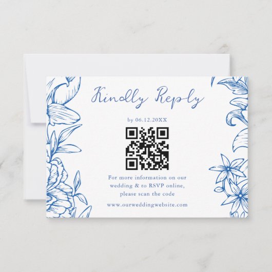 Simple Elegant Royal Blue Floral QR Code Wedding 出欠カード (正面)
