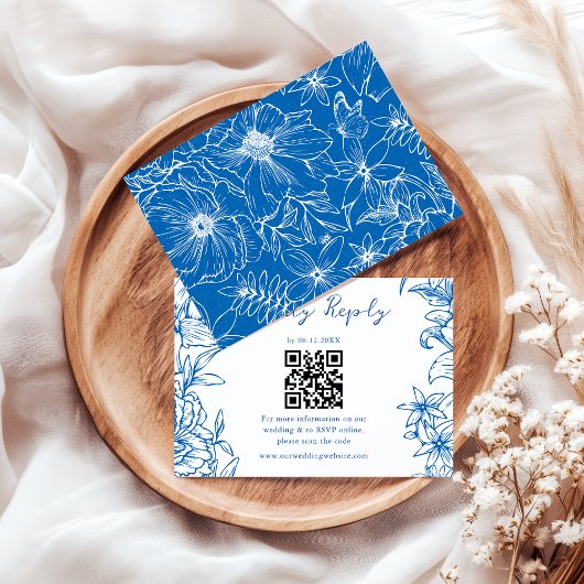 Simple Elegant Royal Blue Floral QR Code Wedding 出欠カード