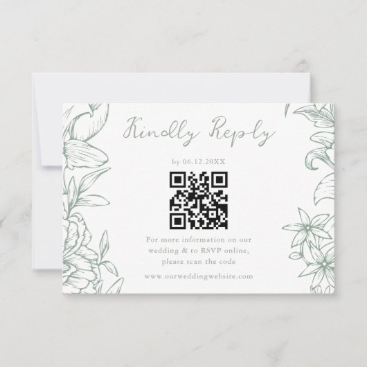 Simple Elegant Sage Green Floral QR Code Wedding 出欠カード (正面)