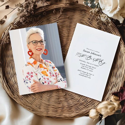 Simple Elegant Script 75th Birthday Party Photo 招待状