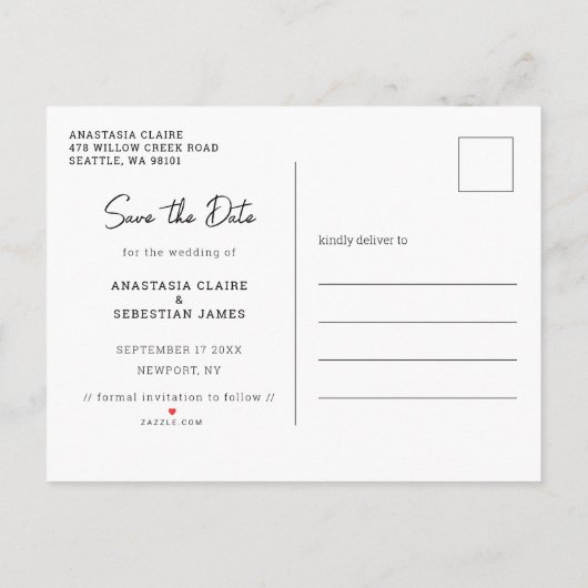 Simple Elegant Script Black & White Photo Wedding  案内ポストカード (裏面)