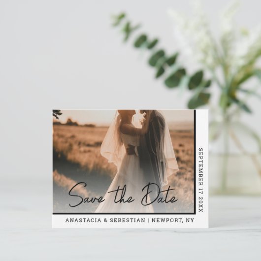 Simple Elegant Script Black & White Photo Wedding  案内ポストカード (スタンド正面)