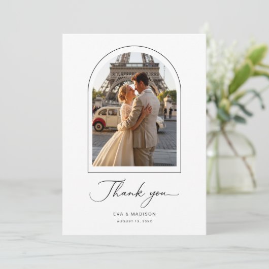 Simple Elegant Script Destination Wedding Photo サンキューカード (スタンド正面)