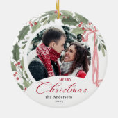 Simple Elegant Script Family Photo Merry Christmas セラミックオーナメント (裏面)