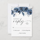 Simple Elegant Script Navy Blue Floral Wedding 出欠カード (正面)