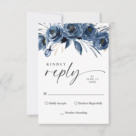 Simple Elegant Script Navy Blue Floral Wedding 出欠カード (正面)