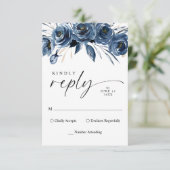 Simple Elegant Script Navy Blue Floral Wedding 出欠カード (スタンド正面)