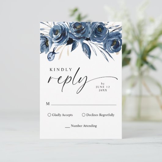 Simple Elegant Script Navy Blue Floral Wedding 出欠カード (スタンド正面)