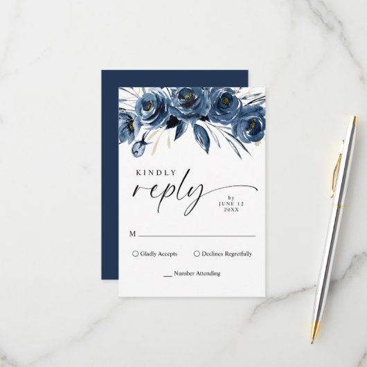 Simple Elegant Script Navy Blue Floral Wedding 出欠カード (正面/裏面インサイチュ)
