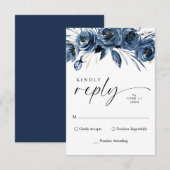 Simple Elegant Script Navy Blue Floral Wedding 出欠カード (正面/裏面)