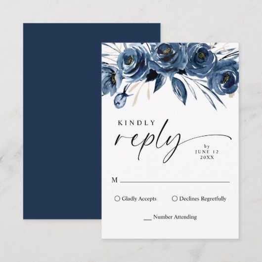 Simple Elegant Script Navy Blue Floral Wedding 出欠カード (正面/裏面)