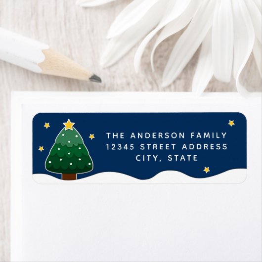 Simple Elegant Starry Night Snowy Christmas Tree ラベル (インサイチュ)