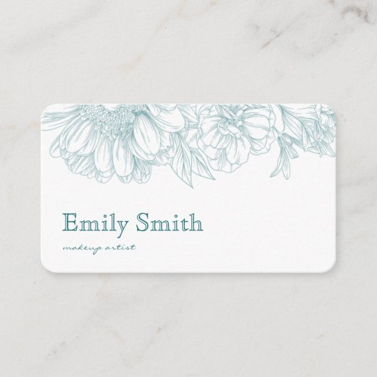 Simple Elegant Teal Blue Floral Line Art QRCode 名刺 (正面)