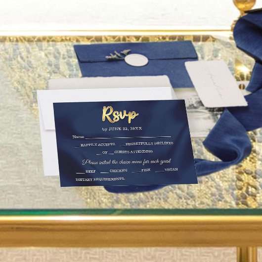 Simple Elegant Trendy Navy Blue & Gold Wedding  出欠カード