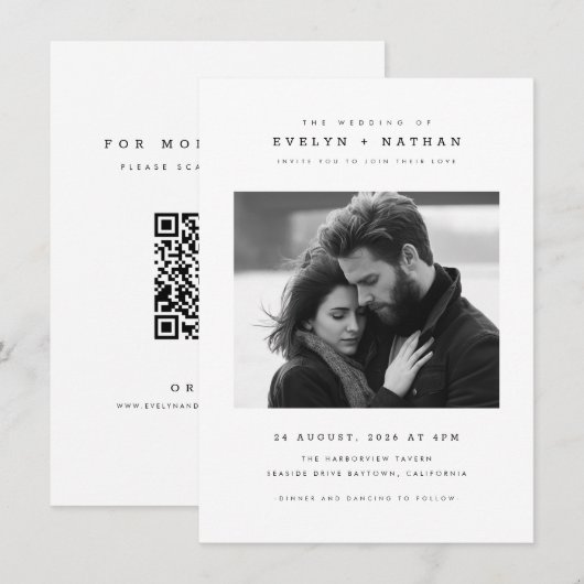 Simple Elegant Typography QR Code Photo Wedding 招待状 (正面/裏面)