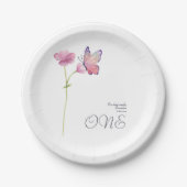 Simple Elegant Watercolor Butterfly 1st Birthday ペーパープレート (正面)