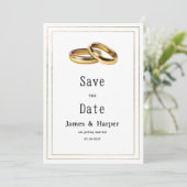 Simple elegant white and gold rings Save the Date 招待状 (スタンド正面)