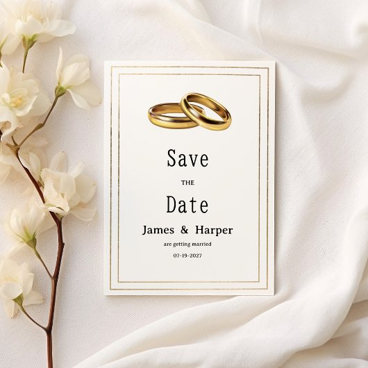 Simple elegant white and gold rings Save the Date 招待状
