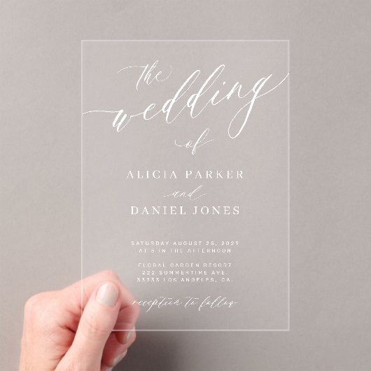 Simple elegant white calligraphy clear wedding アクリル招待状 (インサイチュ (ポータブル))