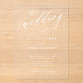 Simple elegant white calligraphy clear wedding アクリル招待状 (正面)