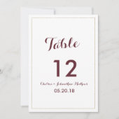 Simple elegant white gold burgundy Table Numbers 招待状 (正面)