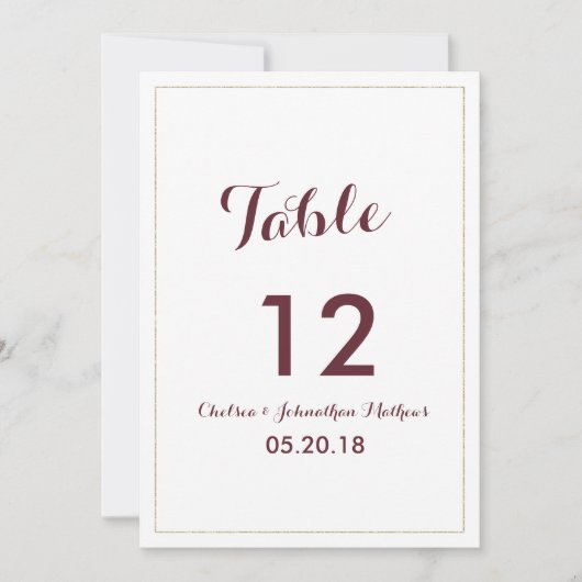 Simple elegant white gold burgundy Table Numbers 招待状 (正面)