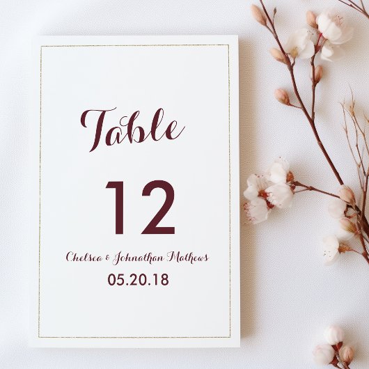 Simple elegant white gold burgundy Table Numbers 招待状