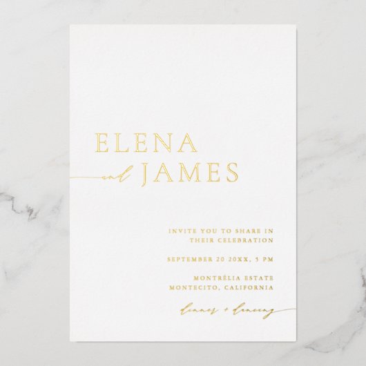 Simple Elegant White & Gold Minimalist Wedding 箔招待状 (正面)