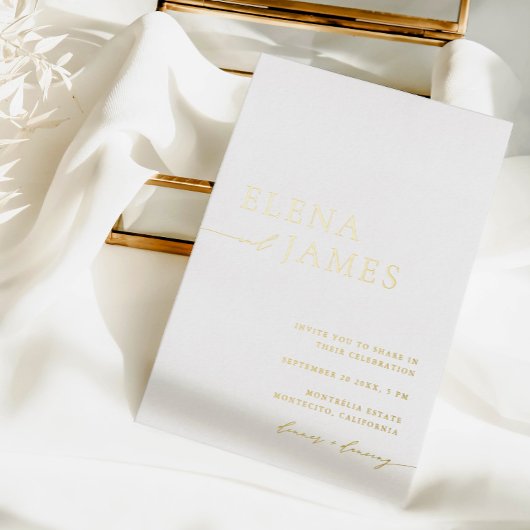 Simple Elegant White & Gold Minimalist Wedding  箔招待状