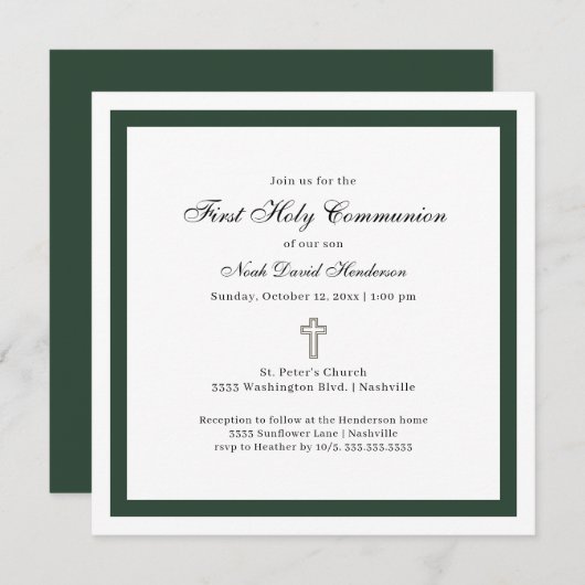 Simple Emerald Green White First Holy Communion  招待状 (正面/裏面)