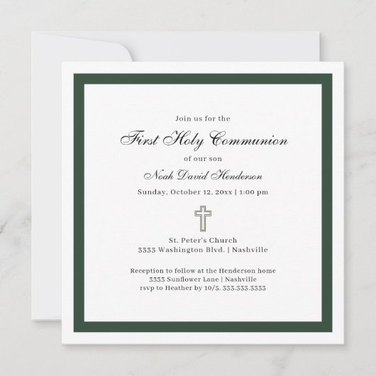 Simple Emerald Green White First Holy Communion  招待状 (正面)