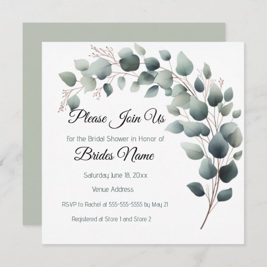 Simple Eucalyptus Bridal Shower Invitation 招待状 (正面/裏面)