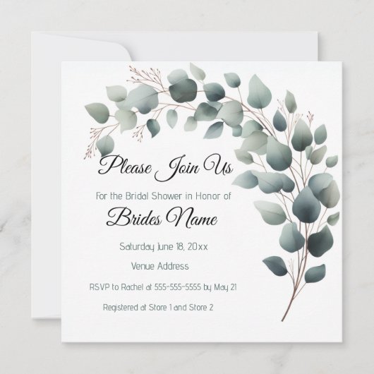 Simple Eucalyptus Bridal Shower Invitation 招待状 (正面)
