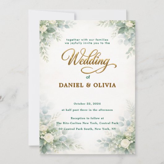 Simple Eucalyptus Greenery Gold Overlay Photo 招待状 (正面)