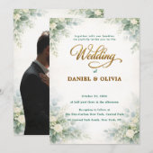 Simple Eucalyptus Greenery Gold Overlay Photo 招待状 (正面/裏面)