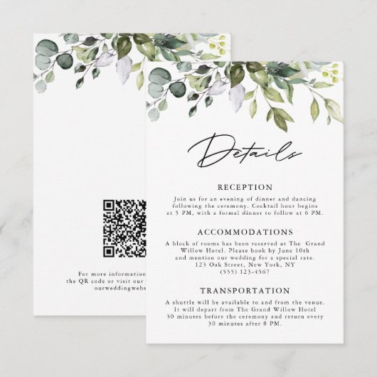 Simple Eucalyptus Greenery QR Code Wedding エンクロージャーカード (正面/裏面)