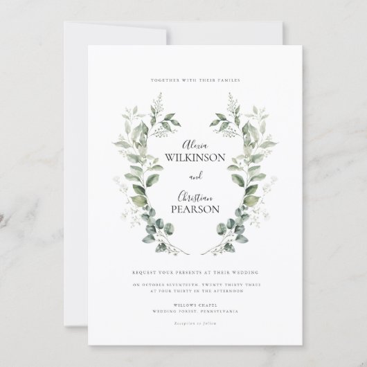 Simple Eucalyptus Greenery Wedding QR Code RSVP 招待状 (正面)