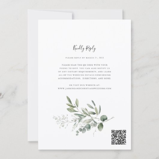 Simple Eucalyptus Greenery Wedding QR Code RSVP 招待状 (裏面)