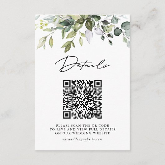 Simple Eucalyptus Leaves QR Code Wedding Details エンクロージャーカード (正面)