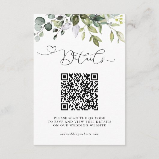 Simple Eucalyptus Leaves QR Code Wedding Details エンクロージャーカード (正面)