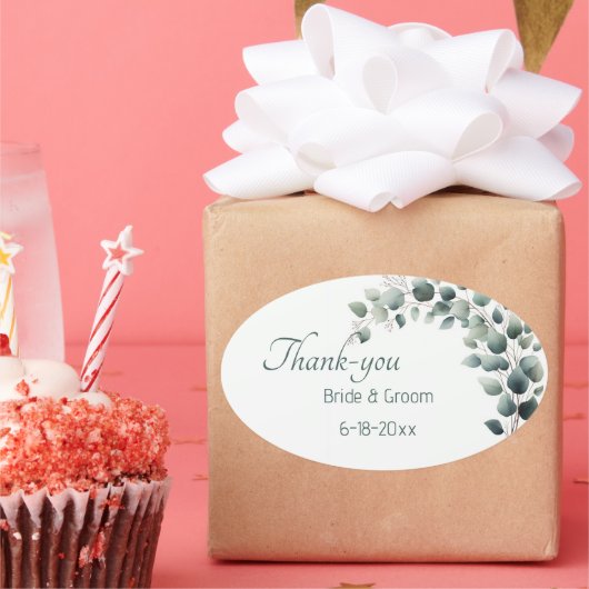Simple Eucalyptus Wedding Thank-you Sticker 楕円形シール (パーティー)