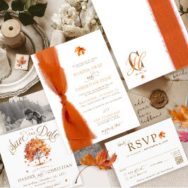 Simple Fall Leaves Modern Autumn Ribbon Wedding 招待状