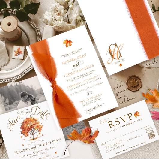 Simple Fall Leaves Modern Autumn Ribbon Wedding 招待状