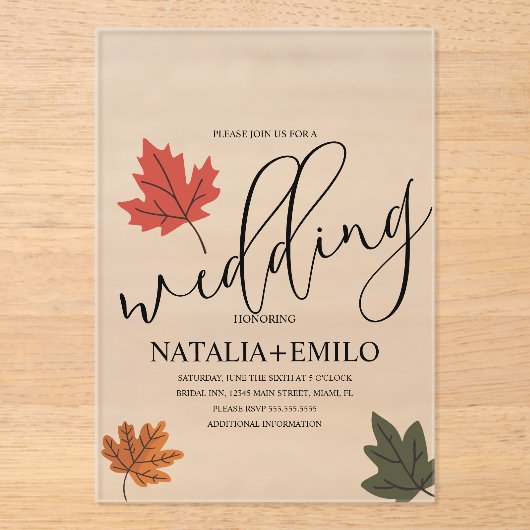 Simple Fall Wedding Leaf  アクリル招待状 (正面)