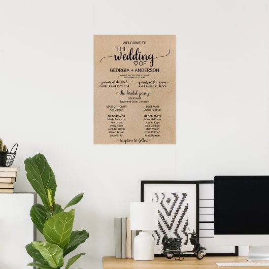 Simple Faux Kraft Calligraphy Wedding Program ポスター (ホームオフィス)