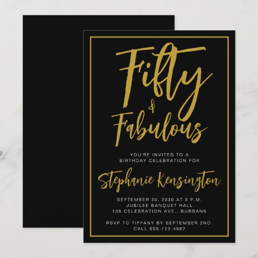 Simple Fifty and Fabulous Gold 50th Birthday Party 招待状 (正面/裏面)