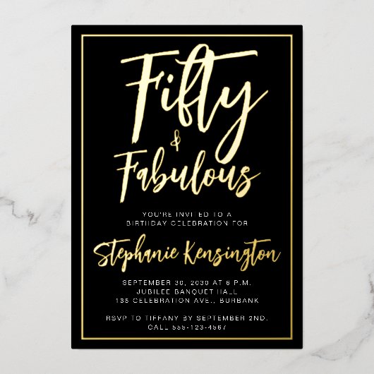 Simple Fifty and Fabulous Gold 50th Birthday Party 箔招待状 (正面)