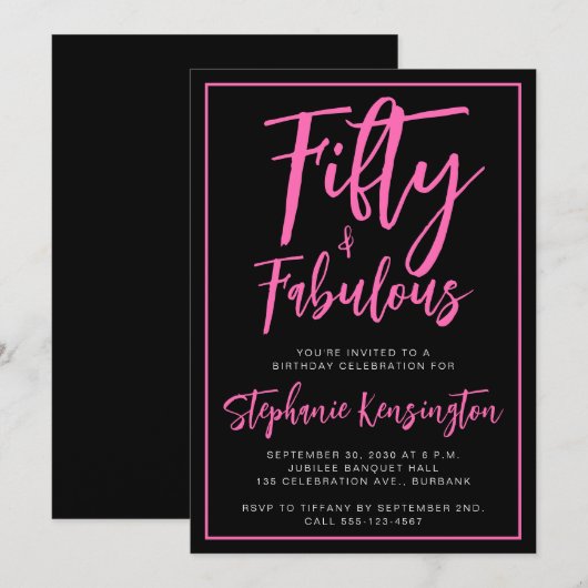 Simple Fifty and Fabulous Pink 50th Birthday Party 招待状 (正面/裏面)